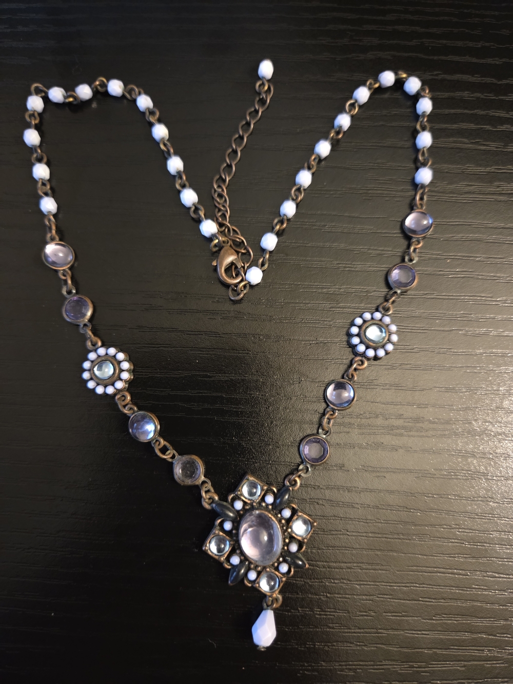 Vintage Avon Silver Plated Necklace Blue rhinestones and Beads 18 Inches Jewelry